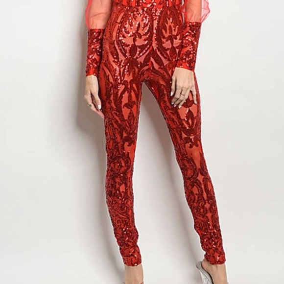 red sequin jumpsuit tulle mesh sleeve - Picture 2 of 4